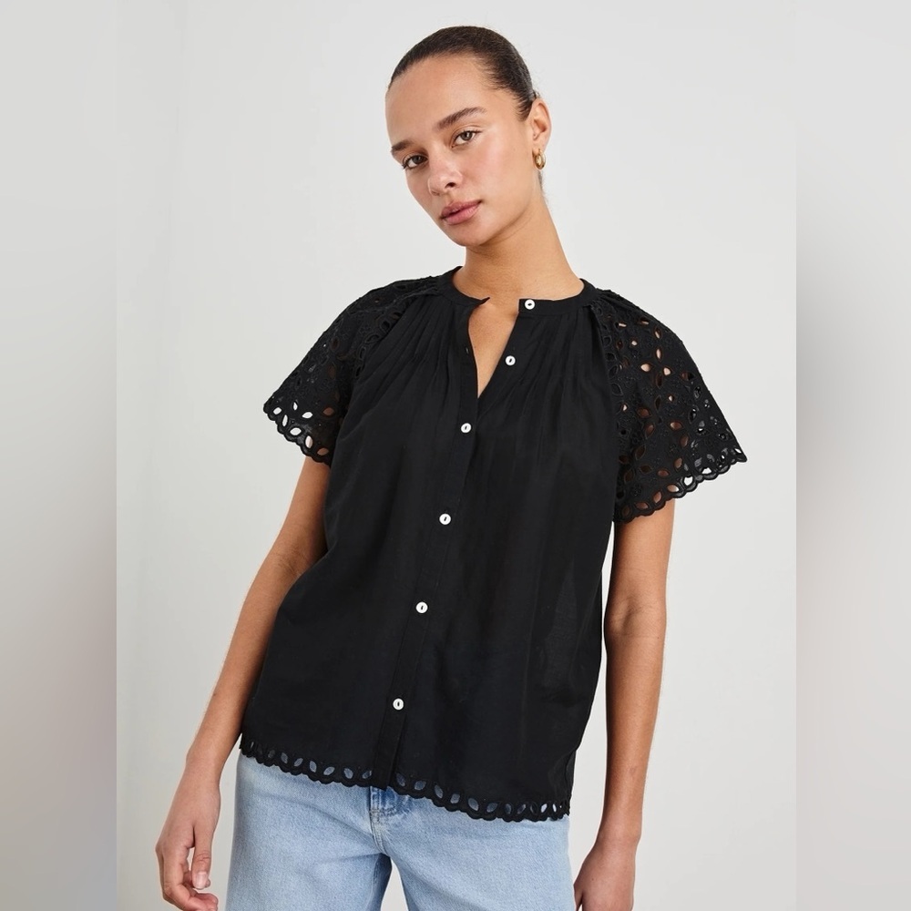 Rails Button Front Eyelet Cerise Shirt in Black